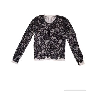 White House Black Market‎ White Black Floral Snap Button Front Knit Sweater XS